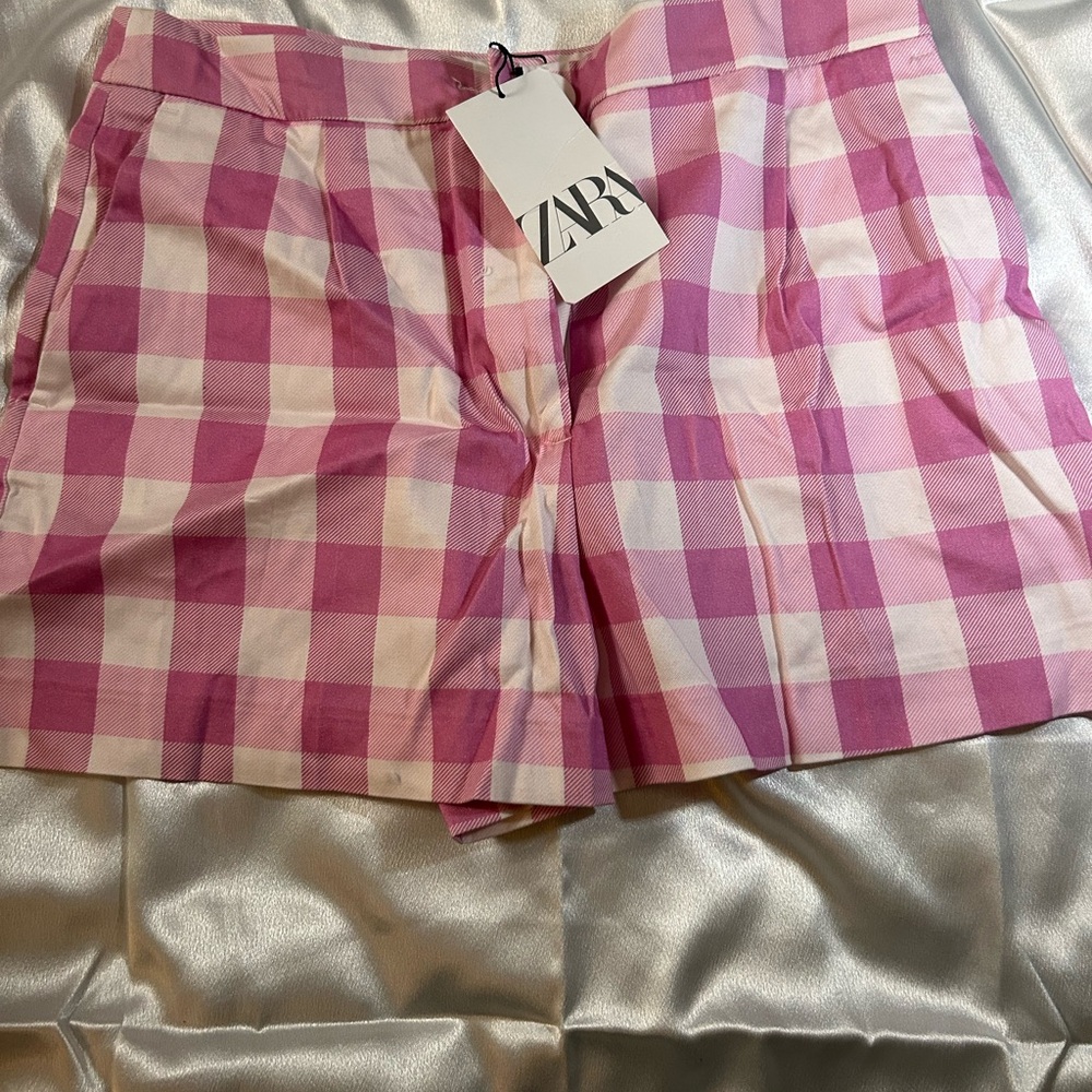 Zara Pink and White Gingham Shorts Bermudas
